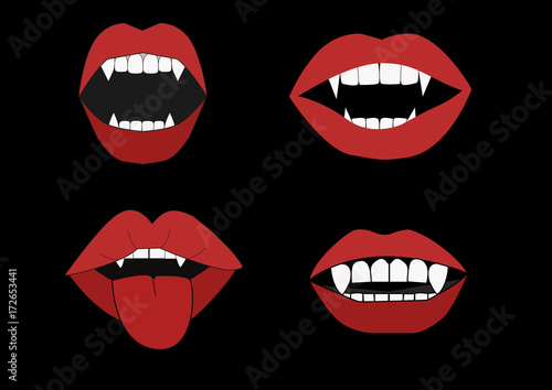 red vampire lips with fangs on black background