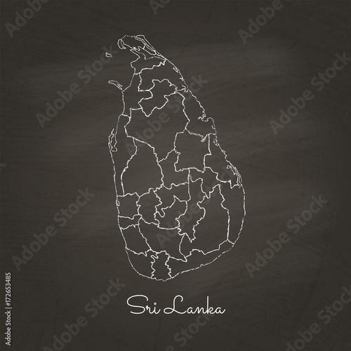 Sri Lanka region map: hand drawn with white chalk on school blackboard texture. Detailed map of Sri Lanka regions. Vector illustration.
