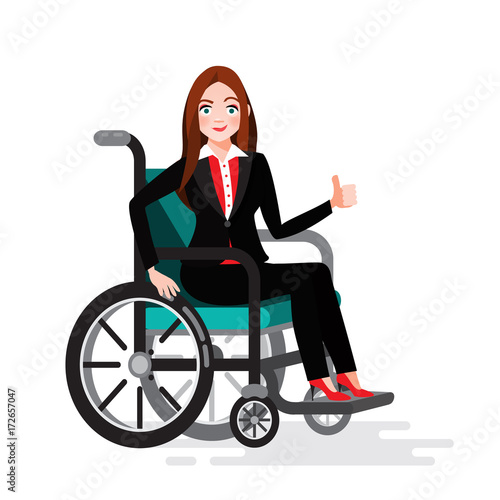 Happy disabled woman in a business suit sitting in a wheelchair and showing thumbs up