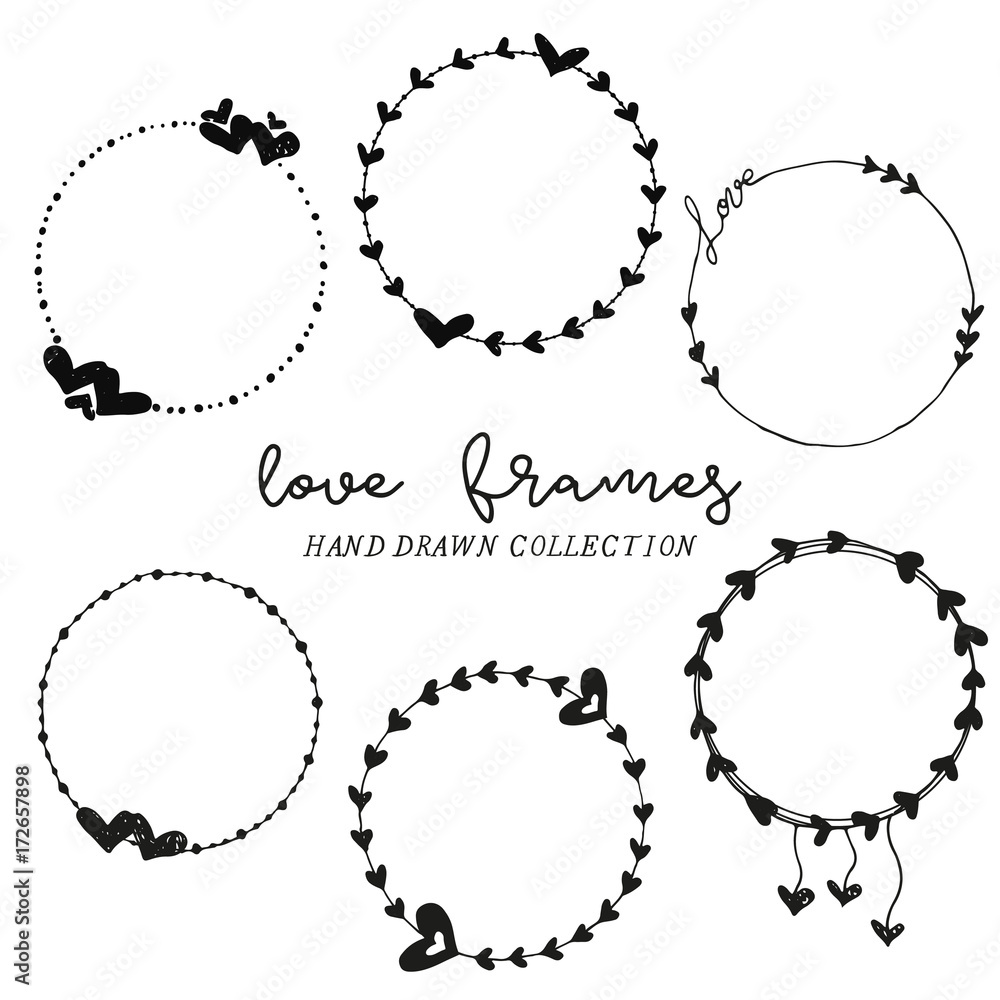 Round love frames, hand drawn collection Round love frames, hand drawn collection