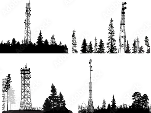 four black landscapes with antenna tower silhouettes