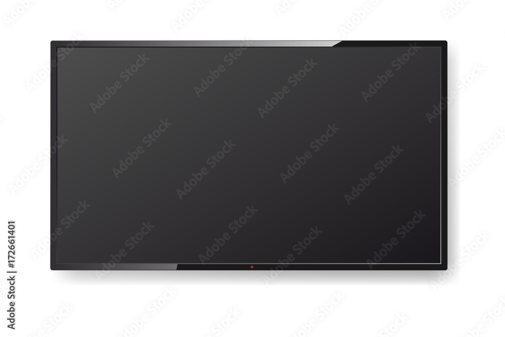 Realistic TV screen hanging on the wall. Modern stylish TV lcd panel isolated. Large led computer monitor display mockup. Vector illustration Realistic TV screen hanging on the wall. Modern stylish TV lcd panel isolated. Large led computer monitor display mockup. Vector illustration