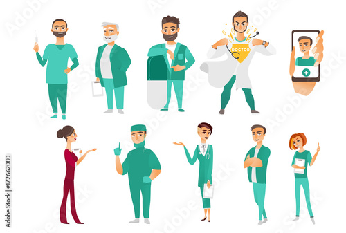Big set of doctors, therapists, nurses, surgeons, medical staff, hospital employees, smartphone application, flat cartoon vector illustration isolated on white background. Flat cartoon doctor staff