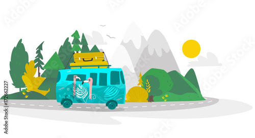 vector flat cartoon camping scene, travelling road trip. funny green hippie minivan car with big bags fixed at its roof within trees, mountains. Isolated illustration on a white background.