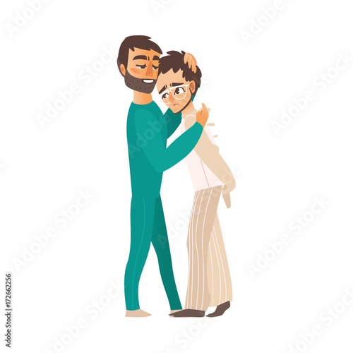 vector flat doctor hugging man in Psychiatric hospital, mental patient uniform, glasses walking folded arms behind his back . Isolated illustration on a white background. Mental illness concept