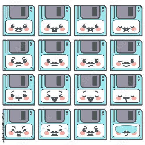Collection of cute little diskette emoticons with mustache expressing different emotions, vector cartoon isolated on white background
