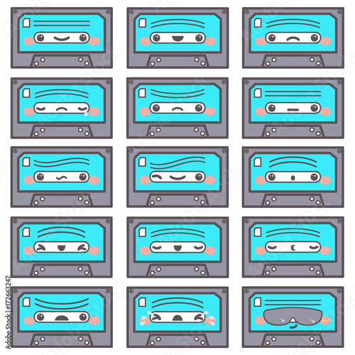 Set of fifteen cute blue cassette emoticons with different face expressions and feelings, vector cartoon isolated on white background