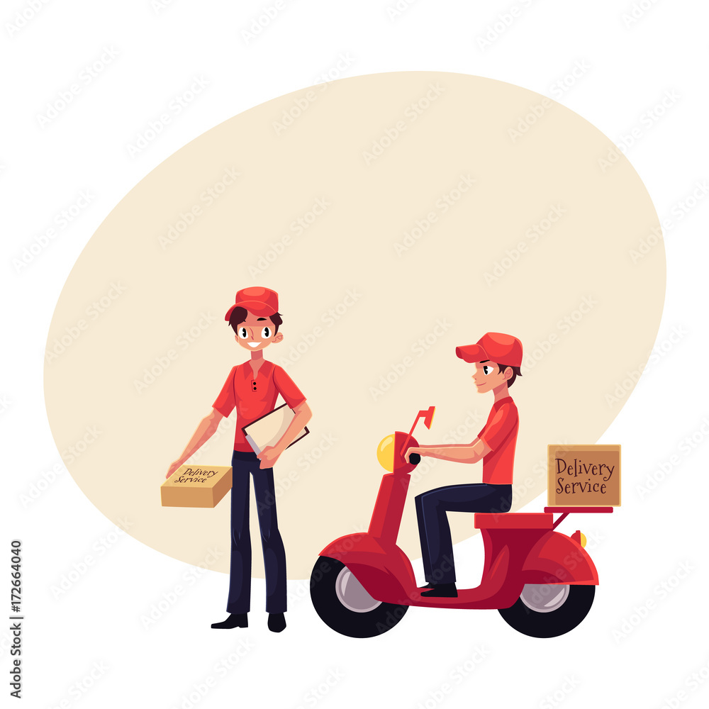 Courier, delivery service worker riding scooter, standing with clipboard and parcel box, hand cart with boxes, cartoon vector illustration with space for text.