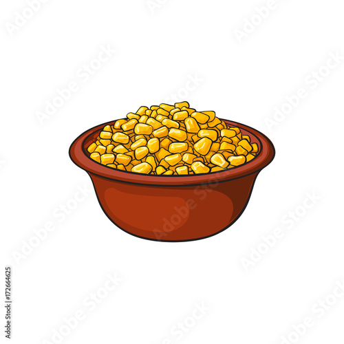 Hand drawn bowl of canned, tinned sweet corn, sketch style vector illustration isolated on white background. Sketch style, realistic drawing of bowl with sweet corn