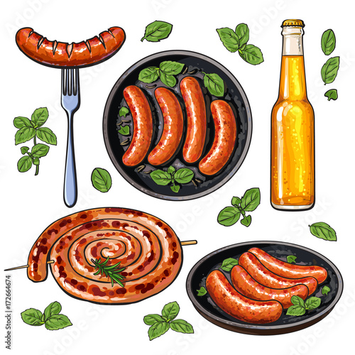 Beer and sausages, big set of barbeque party food, sketch style vector illustration on white background. Realistic hand drawing of grilled, fried, barbequed sausages and beer bottle