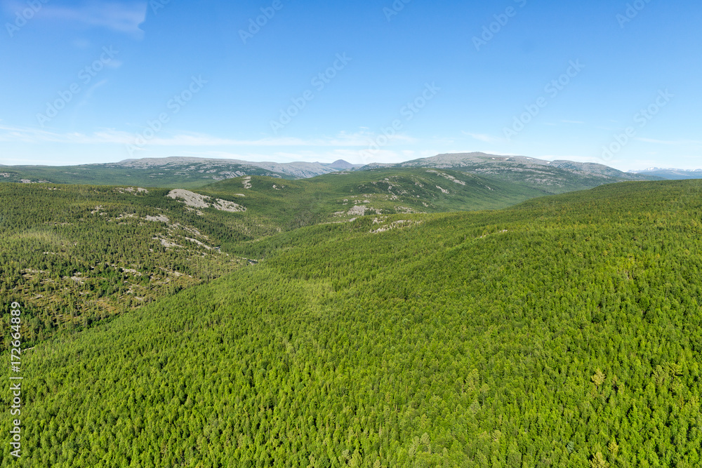 Northern landscape. Top view of a mountain river