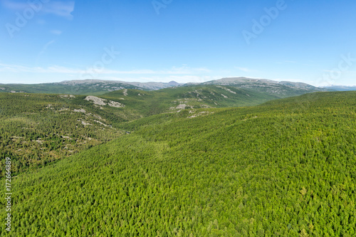 Northern landscape. Top view of a mountain river