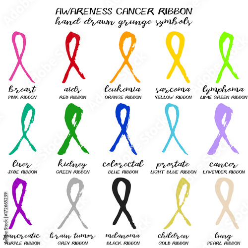 Set of colorful cancer ribbons from brush strokes in different colors and strokes isolated on white background. Vector illustration