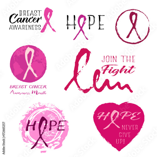 Grunge banners with breast cancer pink ribbon from hand written brush strokes isolated on white. National Breast Cancer Awareness Month. Vector illustration