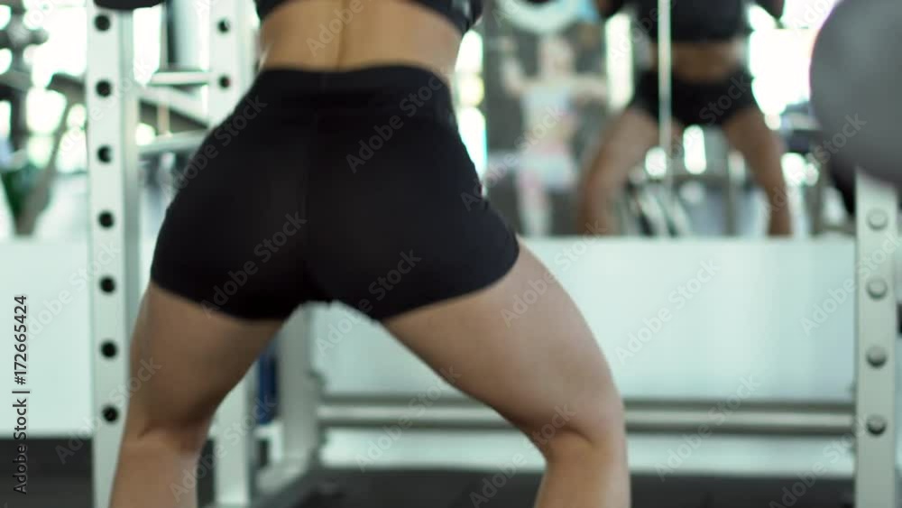 young athletic woman crouching with a barbell in the gym, close-up, back view young athletic woman crouching with a barbell in the gym, close-up, back view