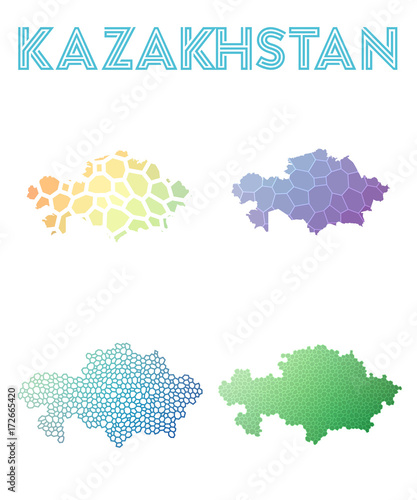 Kazakhstan polygonal map. Mosaic style maps collection. Bright abstract tessellation, geometric, low poly, modern design. Kazakhstan polygonal maps for infographics or presentation.