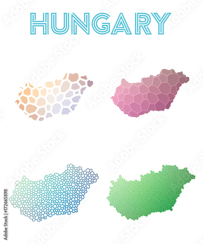 Hungary polygonal map. Mosaic style maps collection. Bright abstract tessellation, geometric, low poly, modern design. Hungary polygonal maps for infographics or presentation.