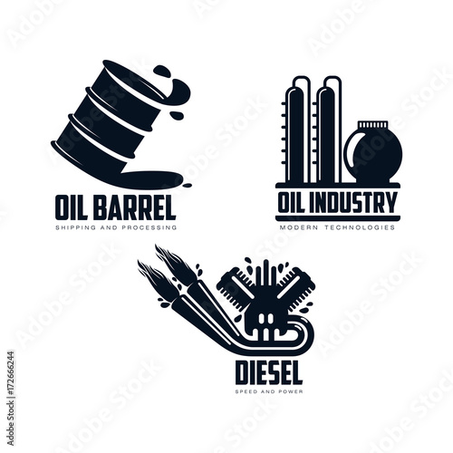 vector diesel gasoline engine with fire from exhaust pipe, oil refinery plant, oil barrel simple flat icon pictogram set isolated on a white background. Gas fuel energy power petroleum industry symbol