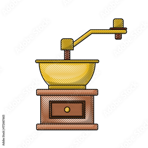 coffee grinding with crank in front view colored crayon silhouette vector illustration