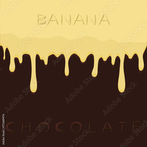 Abstract vector illustration logo yellow fruit banana dripping on brown chocolate.