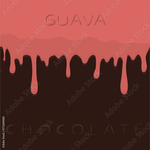 Abstract vector illustration logo pink fruit guava dripping on brown chocolate.