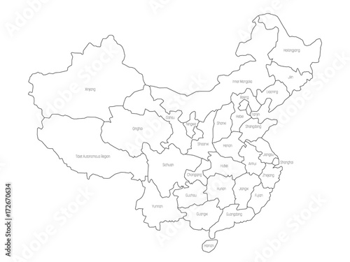 Regional map of administrative provinces of China. Thin black outline on white background. Vector illustration.