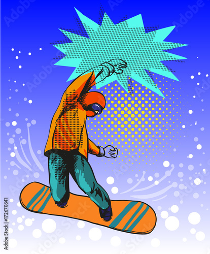 Snowboard jumping guy pop art comic style illustration