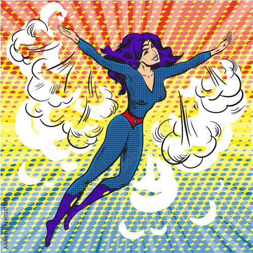 Pop art comic superwoman character in clouds and sun rays