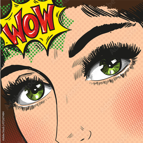 Pop art woman with big eyes long speech bubble wow