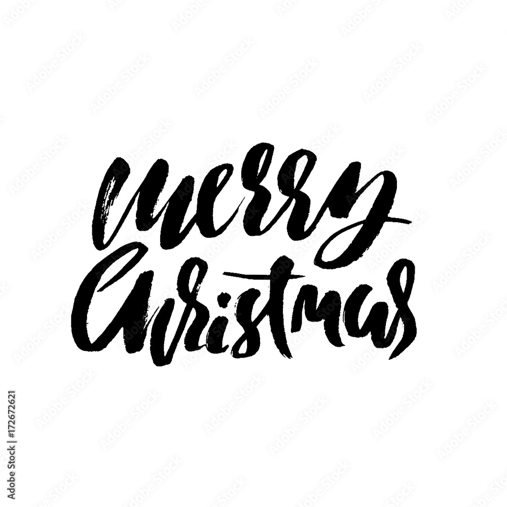 Hand drawn phrase Merry Christmas. Modern dry brush lettering design. Vector typography illustration. Holiday poster.