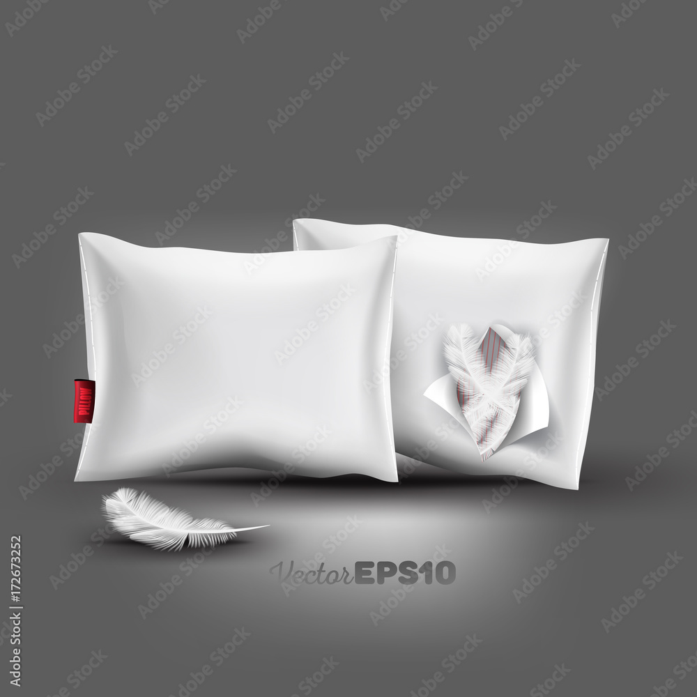 Beautiful, realistic pillows mock up with shadow and light effect. Pillow with a hole full of feathers. Vector illustration Beautiful, realistic pillows mock up with shadow and light effect. Pillow with a hole full of feathers. Vector illustration