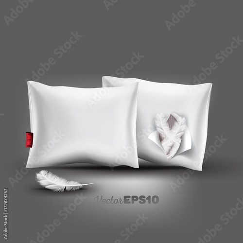 Beautiful, realistic pillows mock up with shadow and light effect. Pillow with a hole full of feathers. Vector illustration
