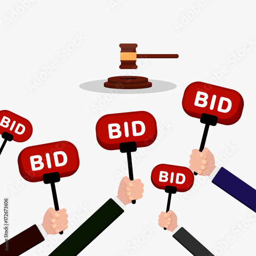 Auction and bidding concept. Hand holding auction paddle. People make bids. Flat illustration.