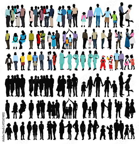 silhouette people in colored clothes, vector, family, group of people, collection