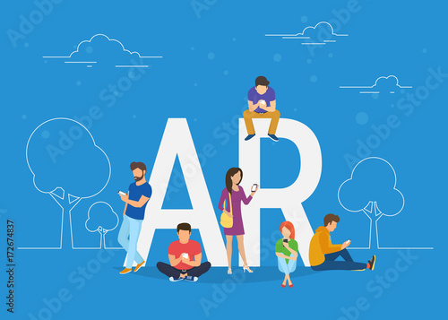 Augmented reality concept illustration of young people using smartphone ar kit app for playing game and see augmented elements in real life. Flat design of guys and women standing near big letters