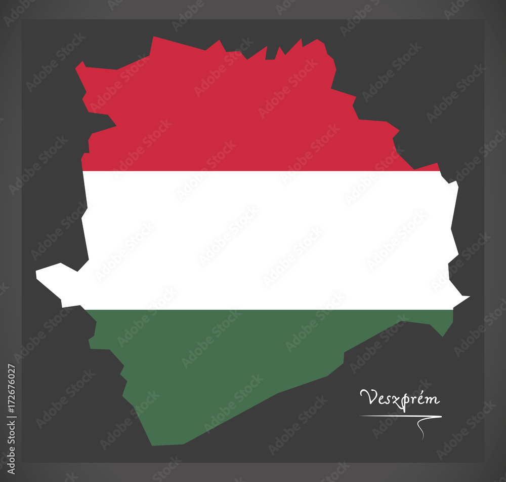 Fototapeta premium Veszprem map of Hungary with Hungarian national flag illustration