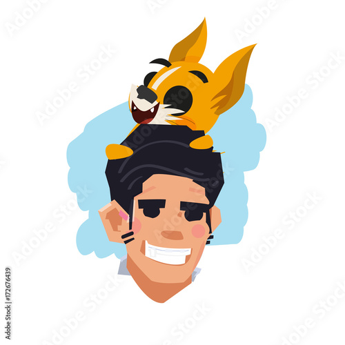 happy man with his dog on head. pet and owner concept - vector illustration