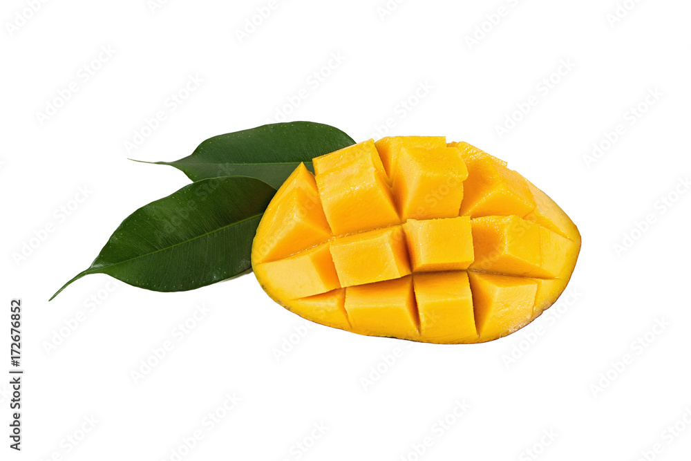A piece of mango with leaves on white background