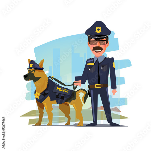 police officer standing with his partner. police dog. character design - vector illustration