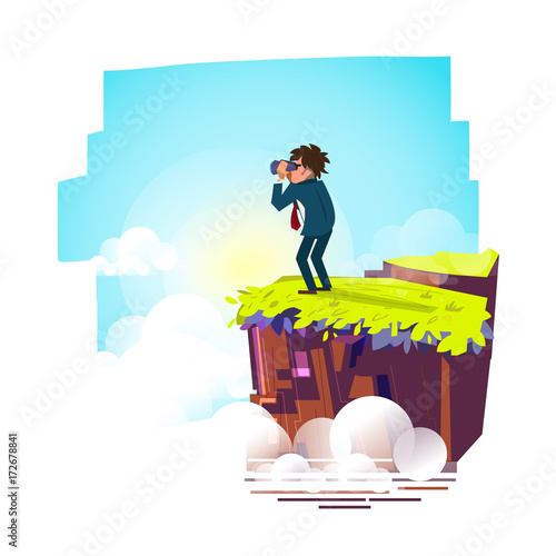 Explorer man with binocular on top of the mountain looking for something new. backpacker character. adventure and explore concept. - vector illustration