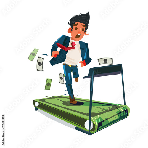 worry businessman running on money treadmill .run out of money. money trap. Salaryman life - vector illustration