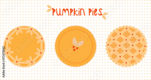 Pie icons. Whole traditional pumpkin pies with dough decor.