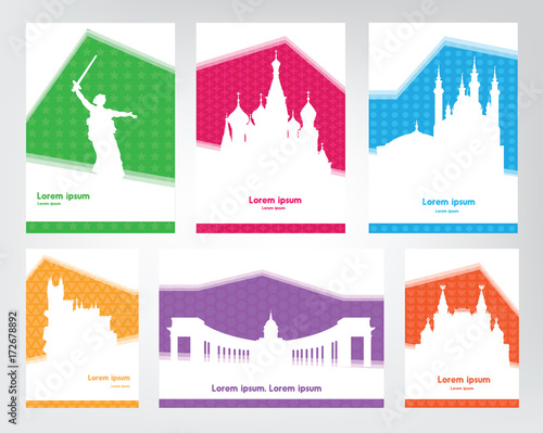 Collection of colorful touristic posters with white silhouettes russian sights. Travel templates with space for text
