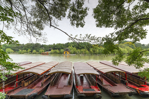 the lake, boat and  pavilion photo