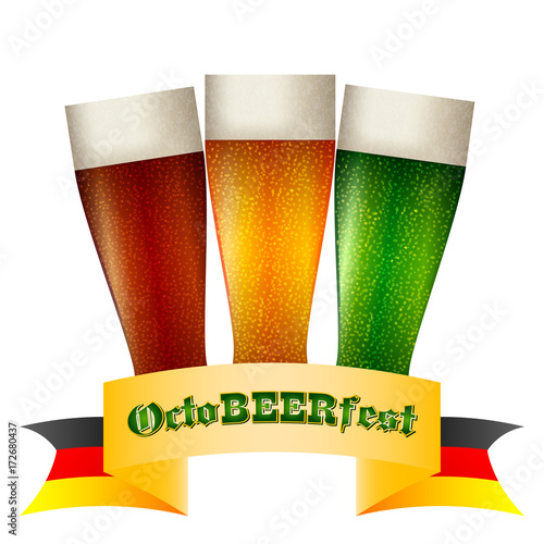 Colorful logo for postcards and greetings with Oktoberfest. Three beer glasses with dark, light and green brew and ribbon with German flag isolated on white. Vector illustration