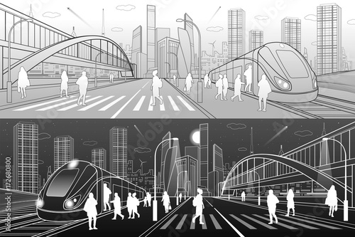 City and transport illustration. Big bridge. Pedestrian crossing. Passengers get in train, people at station. Modern town on background, towers, skyscrapers. Gray and white lines. Vector design art 