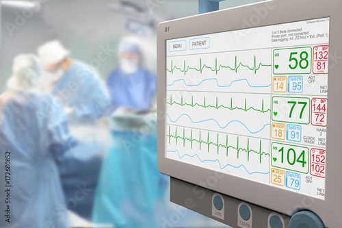 Intensive care unit (ICU) LCD monitor, light screen, with an ongoing surgery in background