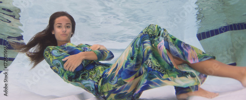 Attractive model wearing a print dress underwater.
