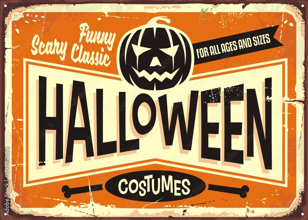 Obraz premium Halloween costumes shop vintage advertising sign with pumpkin head and promotional messages. 