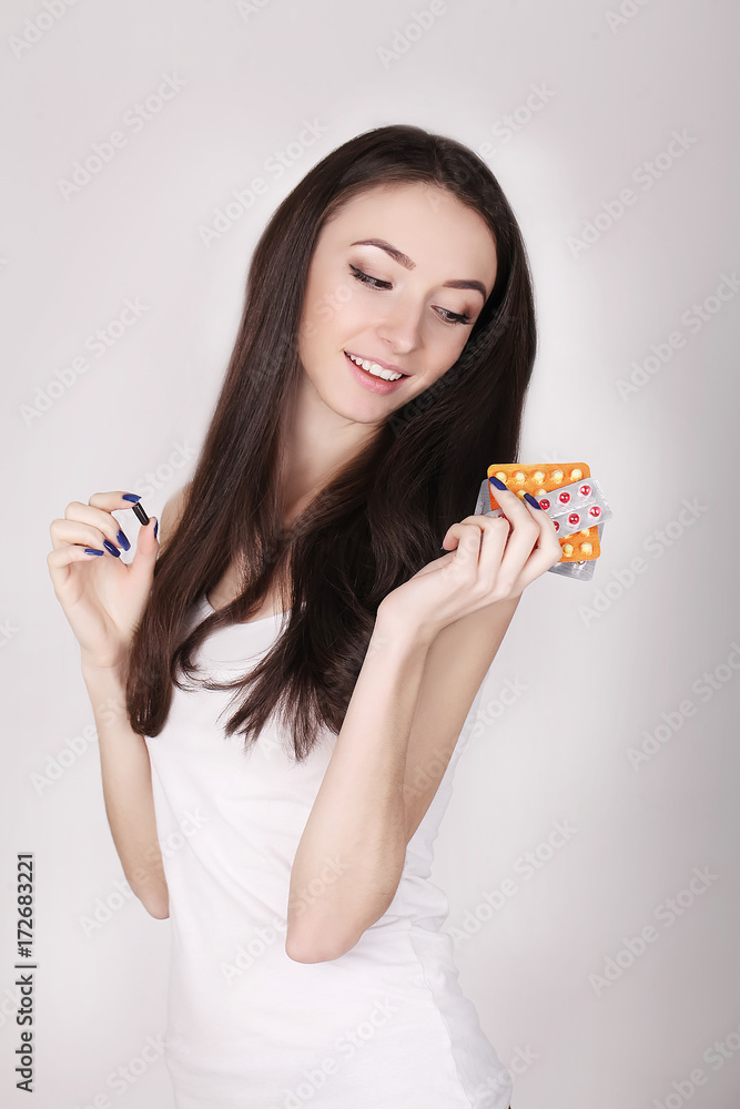 Beautiful Woman Holding Birth Control Pills, Oral Contraceptive Beautiful Woman Holding Birth Control Pills, Oral Contraceptive